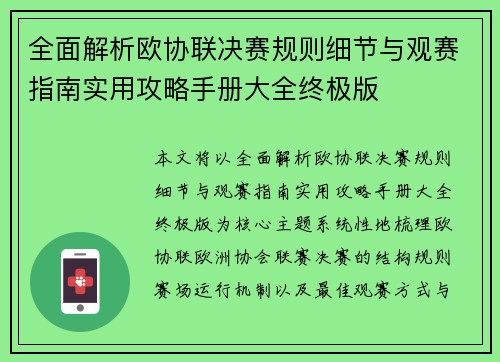 全面解析欧协联决赛规则细节与观赛指南实用攻略手册大全终极版